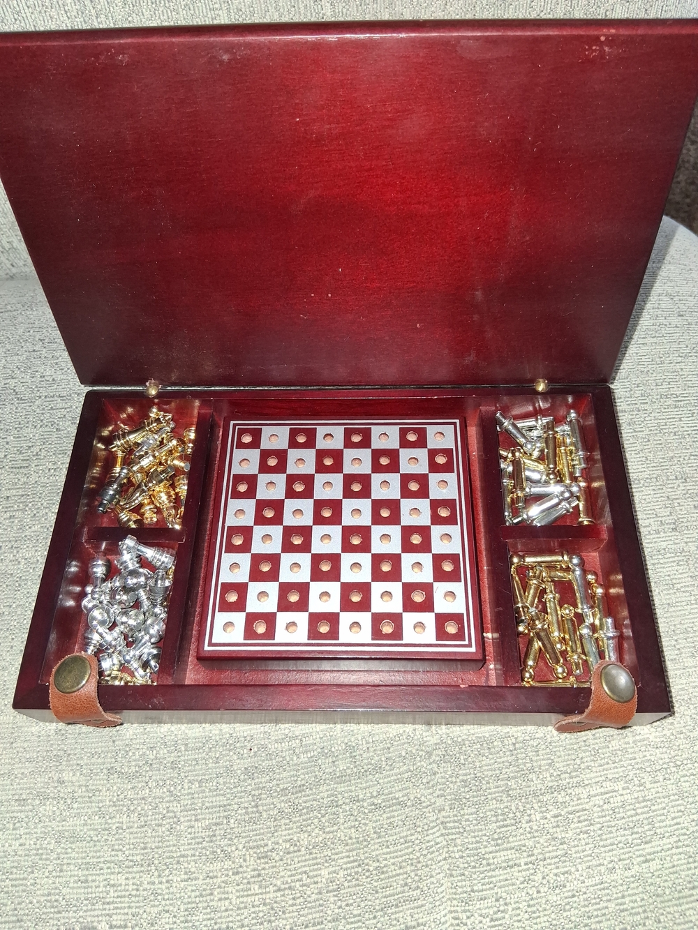 Vintage Cherry Wood Travel Chess Set with Gold & Silver Metal Pieces 8.5x5in